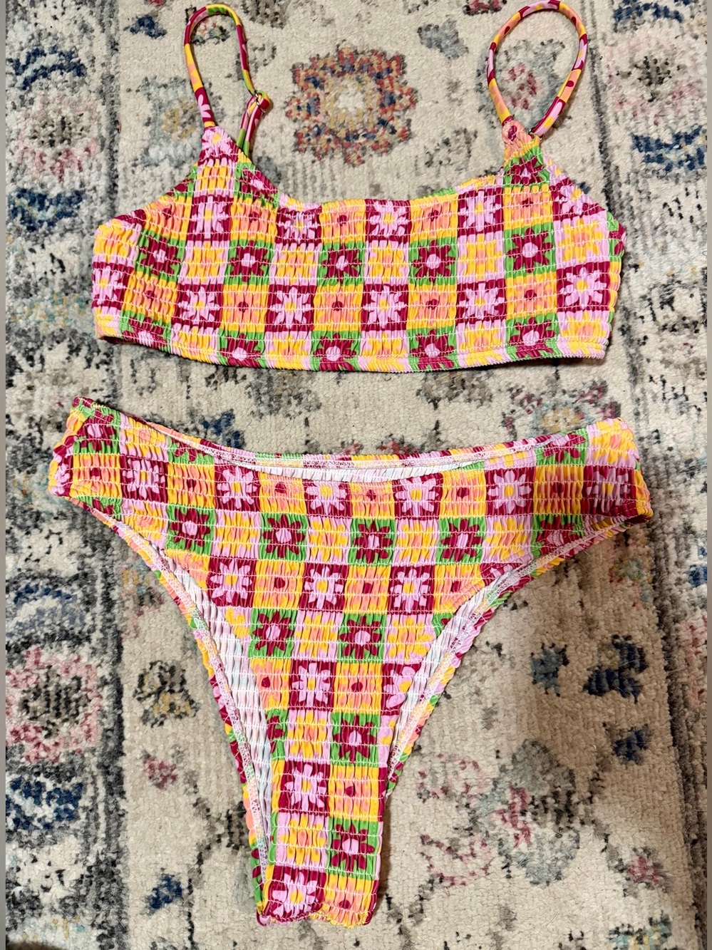 SHEIN Yellow Pink Green Floral Smocked Bikini Set